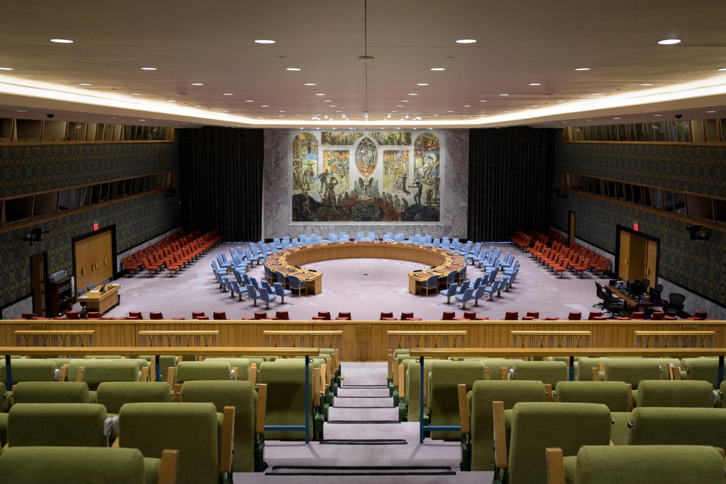 Wide view of the empty Security Council Chamber