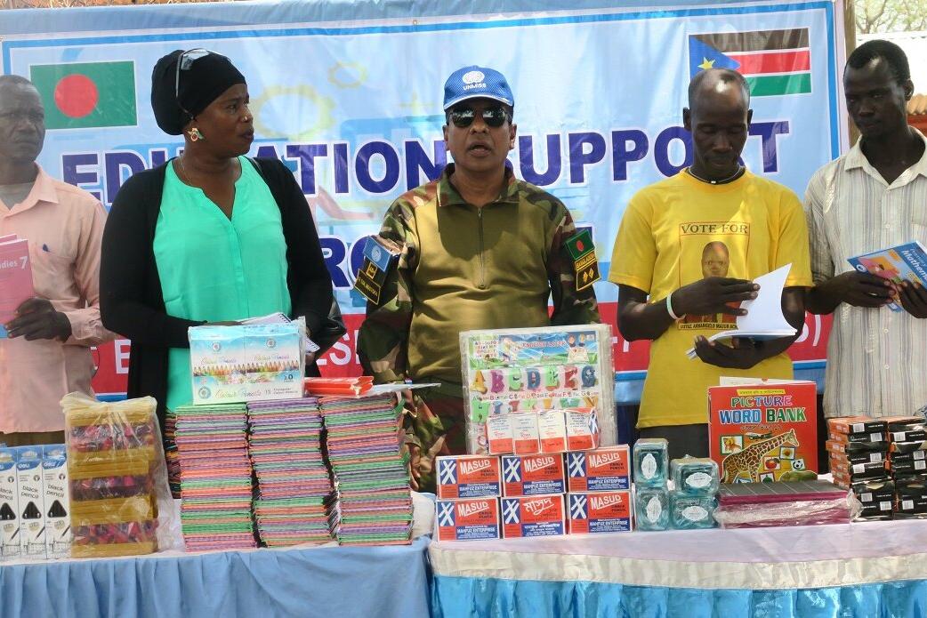 Bangladeshi peacekeepers serving for peace with UNMISS in Wau hand over books, stationery and sports equipment to students from local schools in Western Bahr El Ghazal