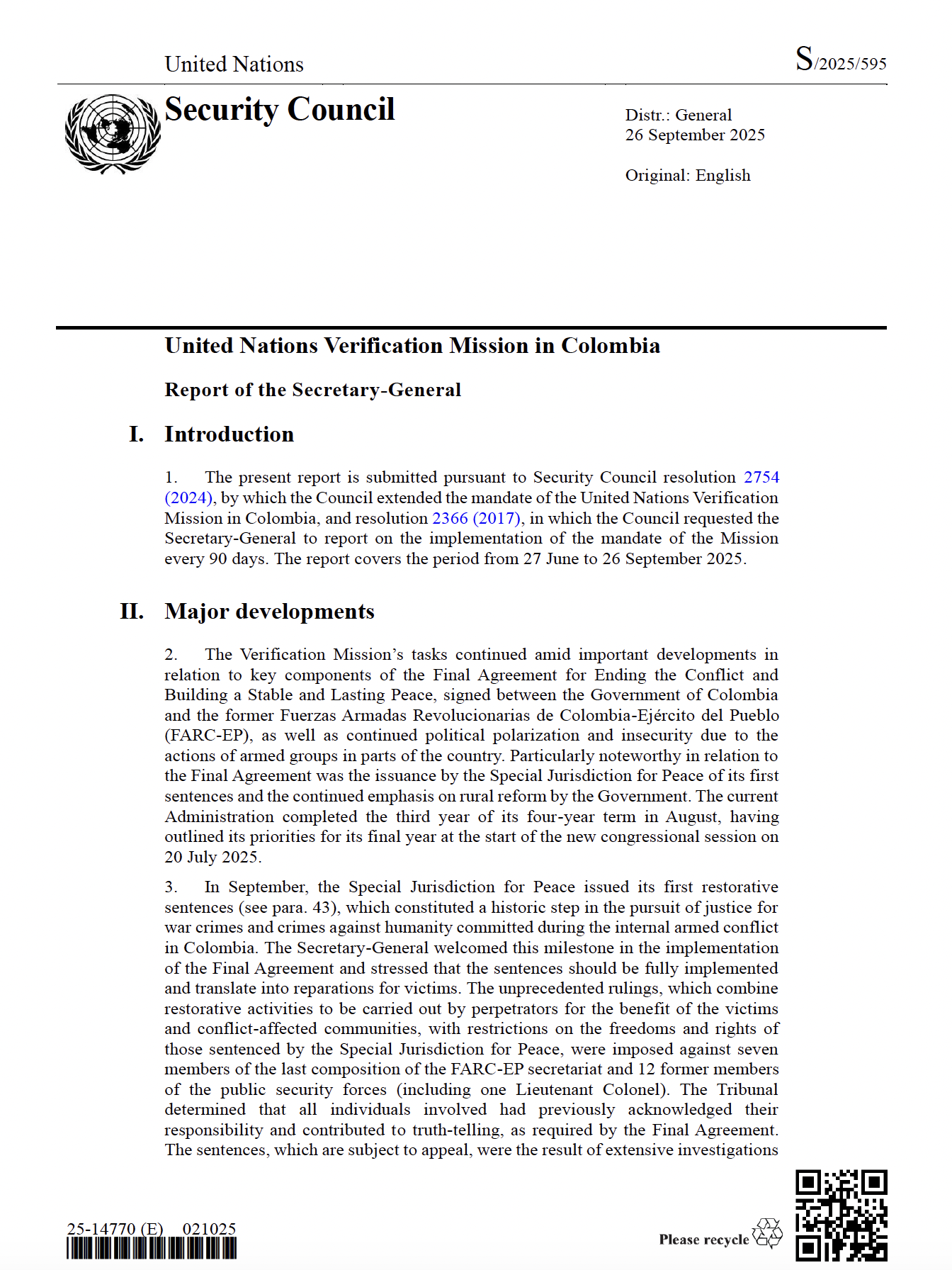 Report of the Secretary-General on the UN Verification Mission in Colombia S/2025/595