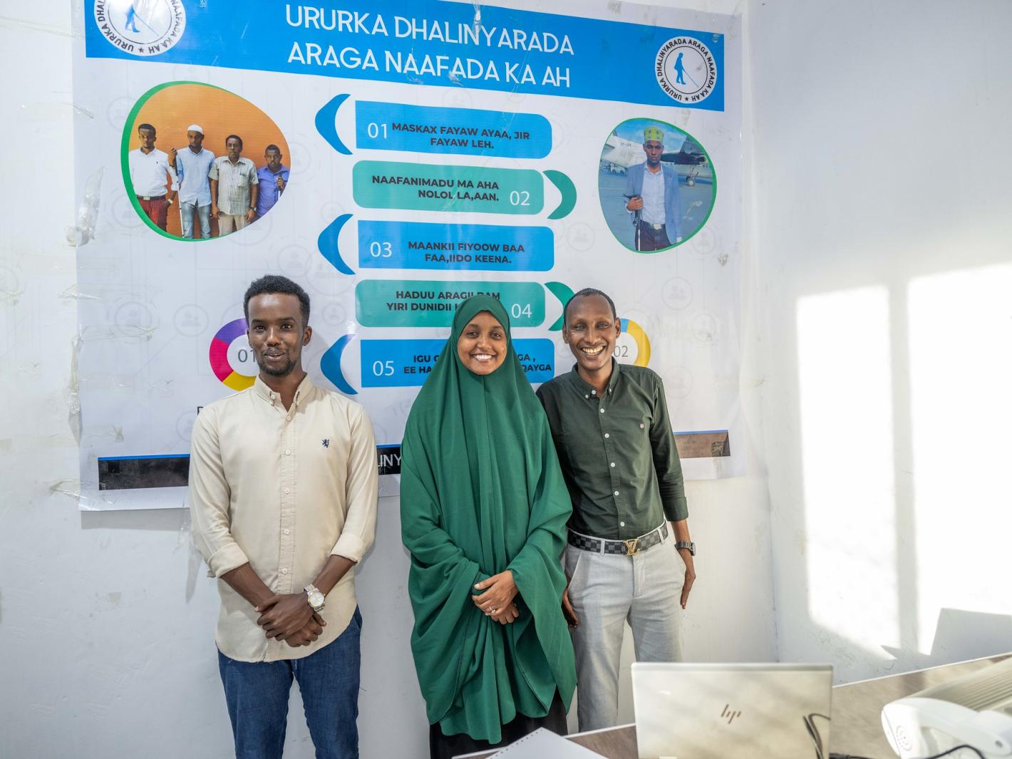 A photo of Abdirahman Mohamud Kulane (left), Abdulkadir Mohamed Abdullahi (right, and Hamdi Hussein Osman (middle), pose for a group photo in Mogadishu, Somalia.