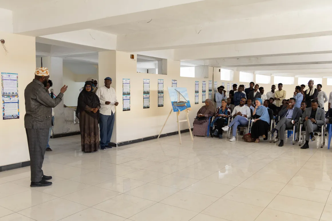 Af-Maay speaker/writer, Abdinur Omar Abdi, speaks at an event to mark International Universal Health Coverage Day at the National Museum in Mogadishu, Somalia, on 18 December 2024.