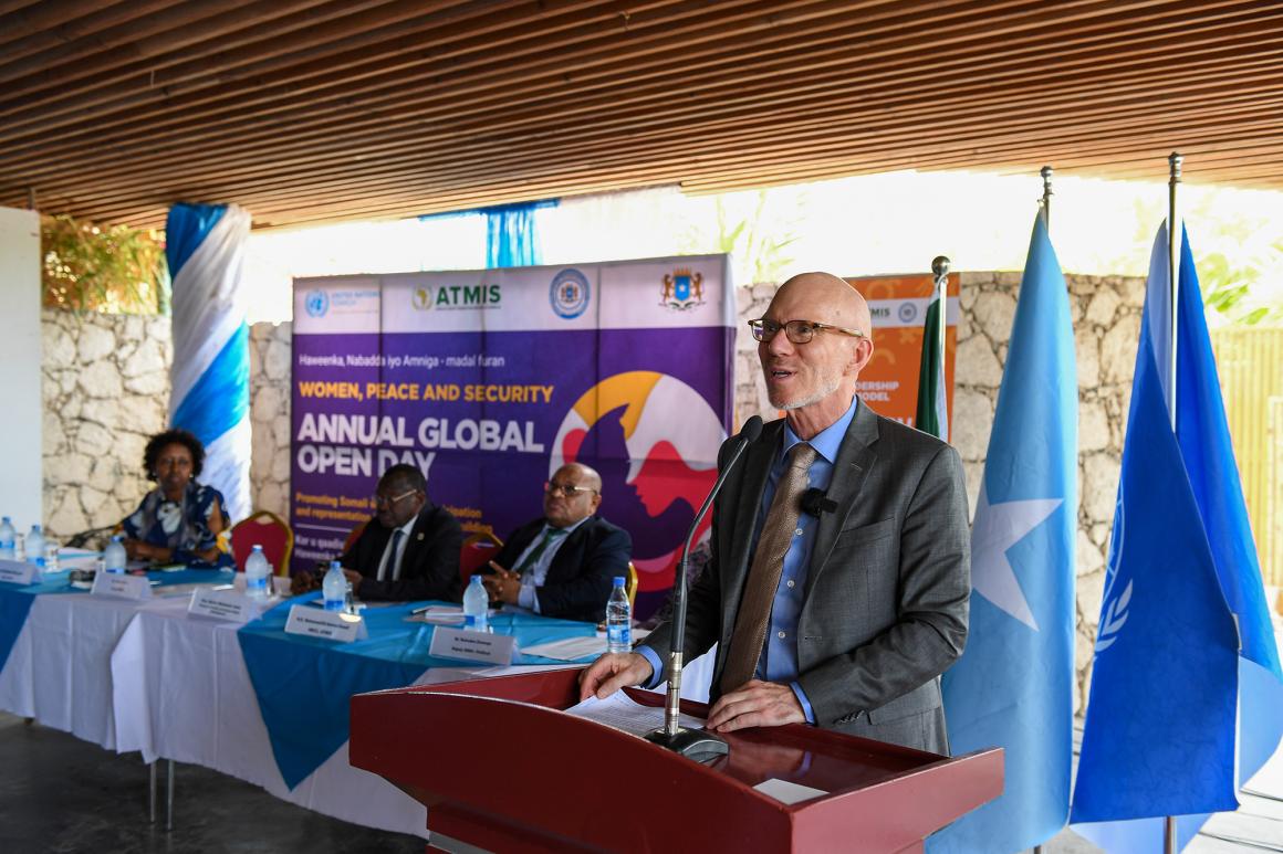 Acting UN Special Representative James Swan  speaks during the Open Day on Women, Peace and Security in Mogadishu