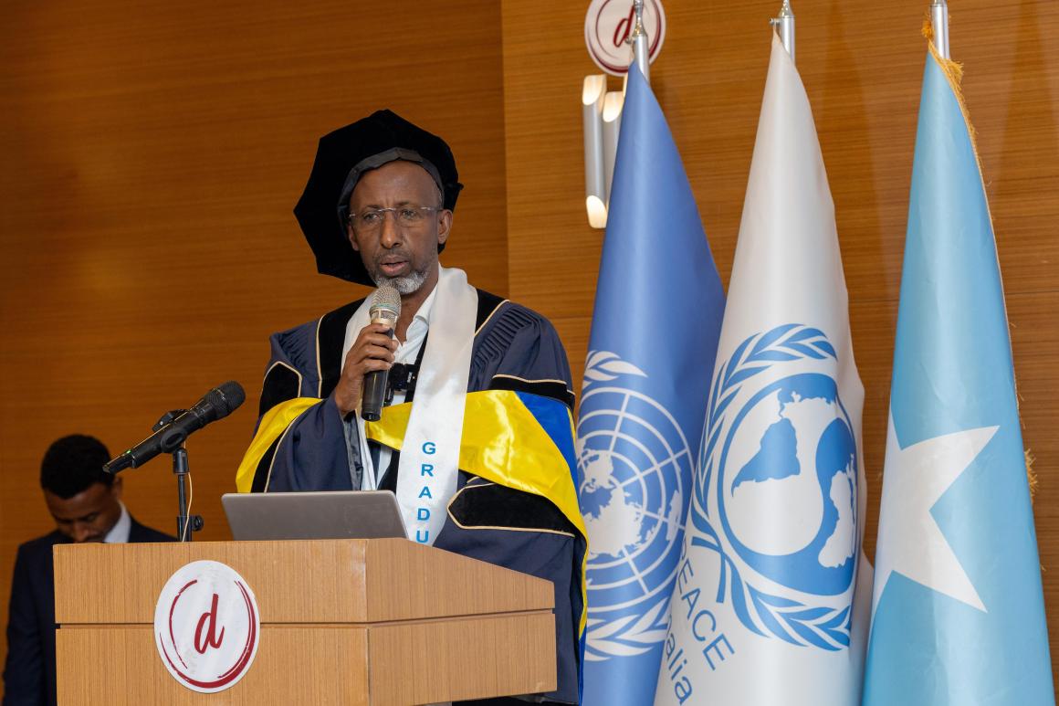 Somalia’s Minister of Education, Culture and Higher Education, Farah Sheikh Abdulkadir, speaks at the University for Peace’s fourth graduation ceremony held in Mogadishu, Somalia, on 24 January 2025.