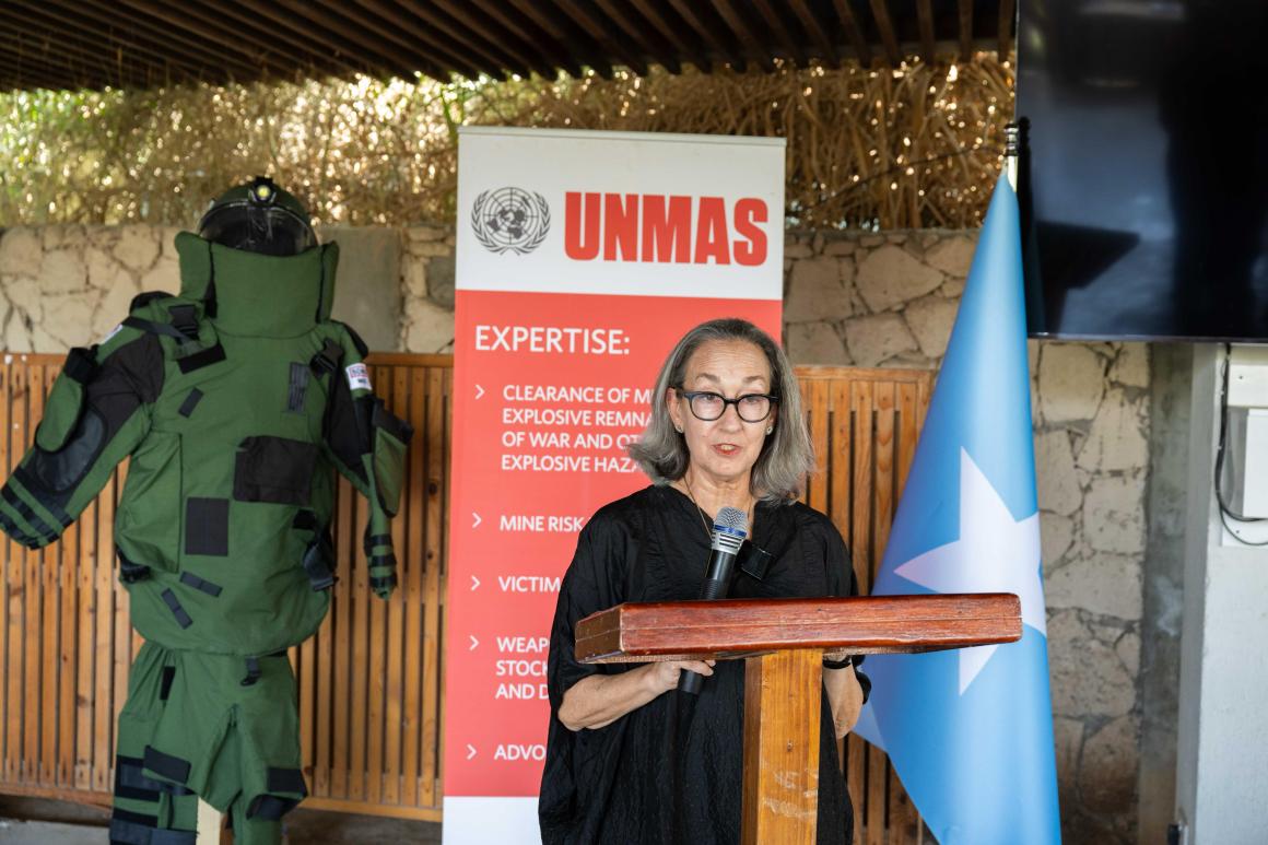 UNMAS Director Ilene Cohn delivers her remarks during a handover event facilitated by UNMAS in Mogadishu.