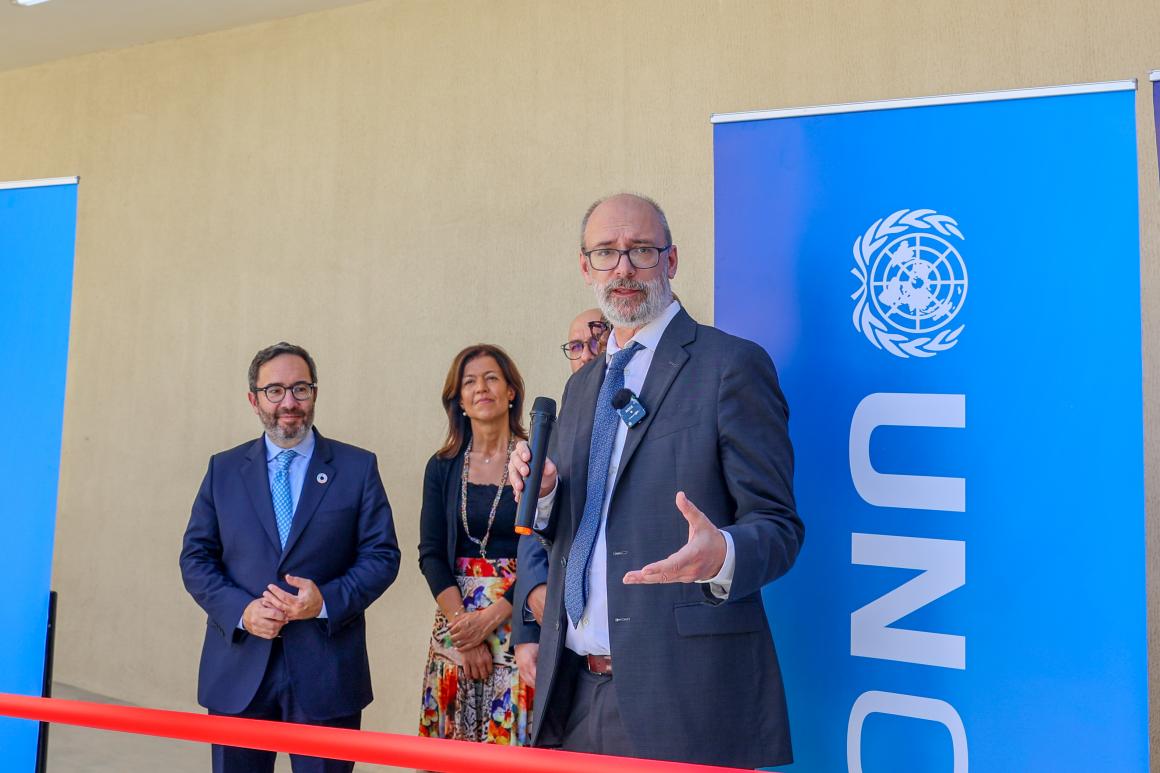 UN Deputy Special Representative for Somalia George Conway, speaks at the inauguration of the newly constructed UNOPS country office premises in Mogadishu, Somalia, on 13 April 2025